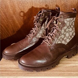 Coach Brown Leather Men's Boots with Signature Pattern